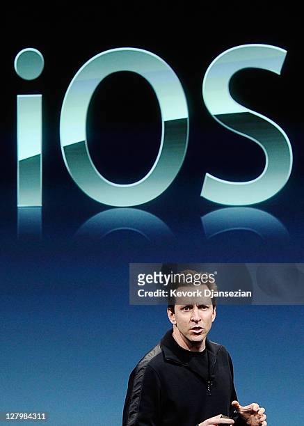 Apple's Senior Vice President of iOS Scott Forstall speaks at the event introducing the new iPhone 4s at the company's headquarters October 4, 2011...