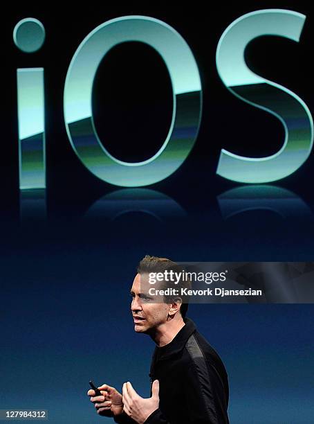 Apple's Senior Vice President of iOS Scott Forstall speaks at the event introducing the new iPhone 4s at the company's headquarters October 4, 2011...