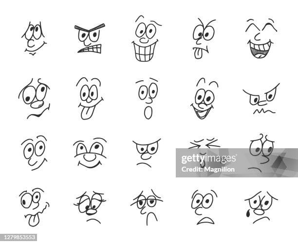 ilustraciones, imágenes clip art, dibujos animados e iconos de stock de conjunto de doodles emoji, emociones de cara - smiley face