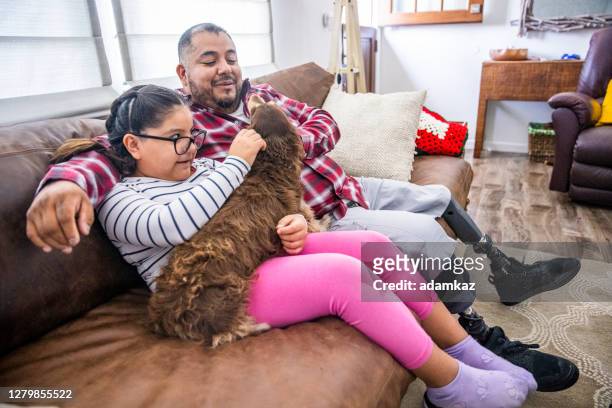 gehandicapte vader en dochter die met de hond van de lange haired teckel spelen - nosotroscollection stockfoto's en -beelden