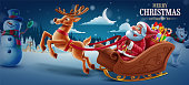 christmas night santa claus delivering gifts on sleigh