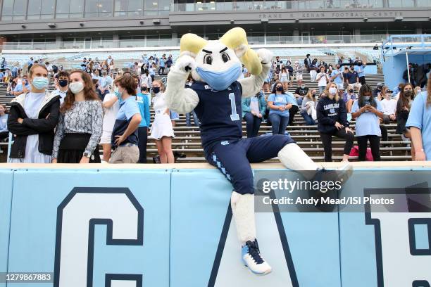 North Carolina"u2019s mascot Rameses poses during a game between Virginia Tech and North Carolina at Kenan Memorial Stadium on October 10, 2020 in...