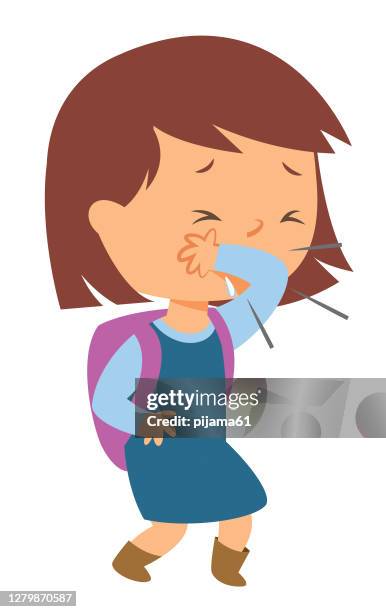 stockillustraties, clipart, cartoons en iconen met een meisje dat binnen niest om elleboog te krijgen - niezen
