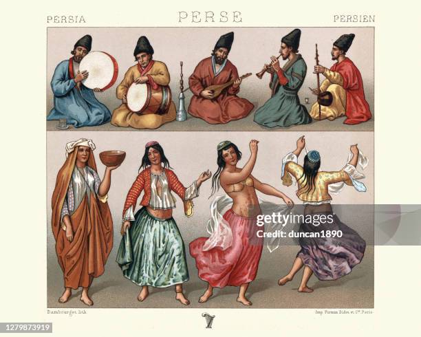 dancing women and musicians, traditional costumes of persia, 19th century - belly dancer stock illustrations