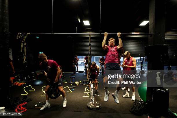Beauden Barrett and Jordie Barrett during a New Zealand All Blacks gym session at Les Mills on October 13, 2020 in Auckland, New Zealand.