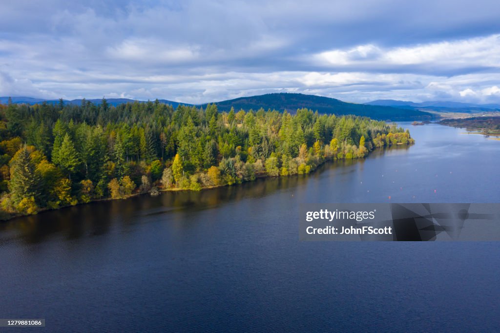 The high angle aerial view from a drone of forest growing beside a Scottish loch in Dumfries and Galloway south west Scotland.