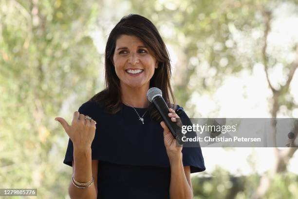 Former U.N. Ambassador Nikki Haley speaks at a campaign event for U.S. Sen. Martha McSally on October 12, 2020 in Scottsdale, Arizona. McSally is...