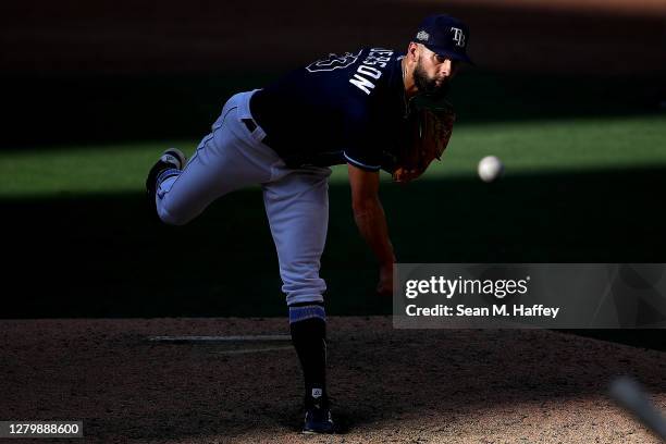 Nick Anderson of the Tampa Bay Rays delivers the pitch against the Houston Astros during the ninth inning in Game Two of the American League...