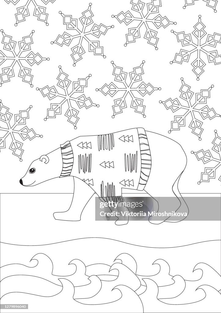 Coloring Page With Cute Polar Bear In Sweater Outline Colorless Vector ...