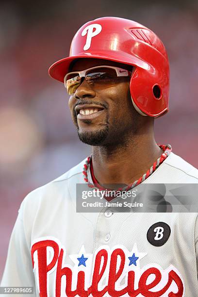 Jimmy Rollins of the Philadelphia Phillies looks on against the St. Louis Cardinals during Game Three of the National League Division Series at Busch...
