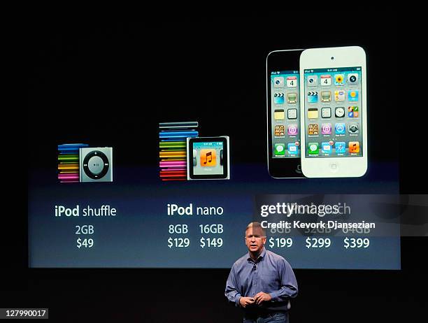 Apple's Senior Vice President of Worldwide product marketing Phil Schiller speaks about prices of the iPod Nano and iPod touch during introduction of...