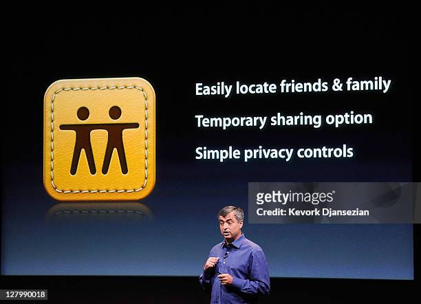 Apple's senior vice president of Internet Software and Services Eddy Cue speaks about the "Find My Friends" application during introduction of the...