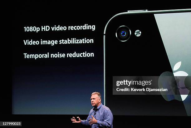 Apple's Senior Vice President of Worldwide product marketing Phil Schiller speaks about the HD video for the new iPhone 4s at the company’s...