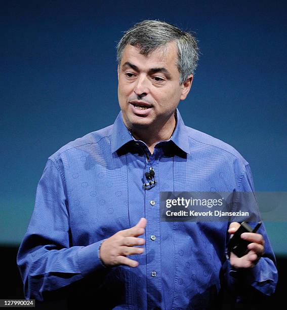 Apple's senior vice president of Internet Software and Services Eddy Cue speaks about the "Find My Friends" application during introduction of the...