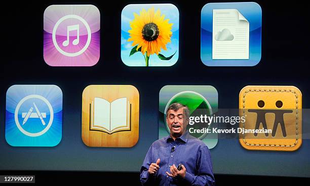 Apple's senior vice president of Internet Software and Services Eddy Cue speaks about iCloud during introduction of the new iPhone 4s at the...