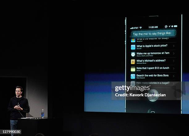 Apple's Senior Vice President of iOS Scott Forstall speaks about the new voice recognition app called Siri at the event introducing the new iPhone 4s...