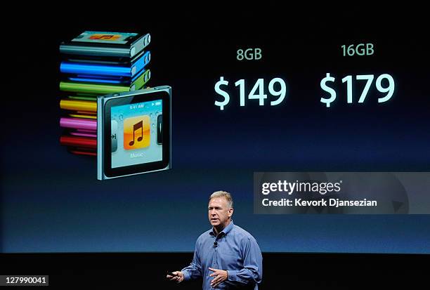 Apple's Senior Vice President of Worldwide product marketing Phil Schiller speaks about the iPod Nano during introduction of the new iPhone 4s at the...