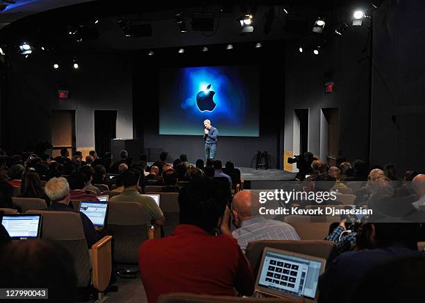 Apple CEO Tim Cook speaks at the event introducing the new iPhone 4s at the company's headquarters October 4, 2011 in Cupertino, California. The...