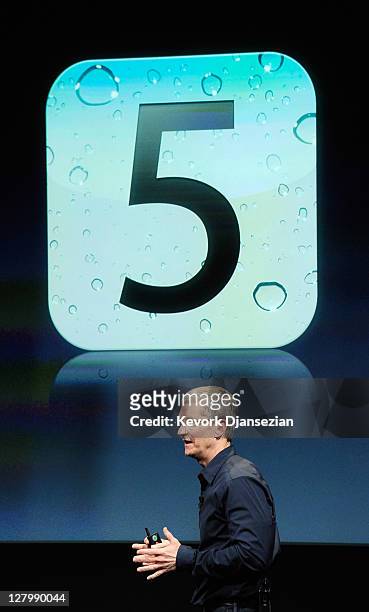 Apple CEO Tim Cook speaks at the event introducing the new iPhone 4s at the company's headquarters October 4, 2011 in Cupertino, California. The...