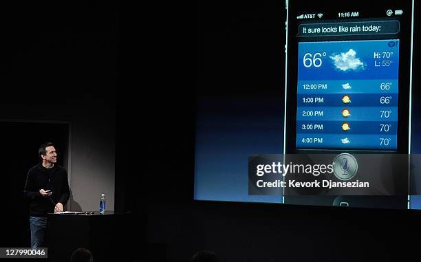 Apple's Senior Vice President of iOS Scott Forstall speaks at the event introducing the new iPhone 4s at the company's headquarters October 4, 2011...