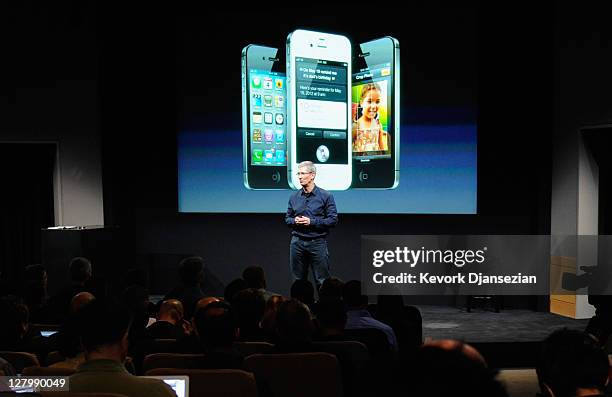 Apple CEO Tim Cook speaks at the event introducing the new iPhone 4s at the company's headquarters October 4, 2011 in Cupertino, California. The...