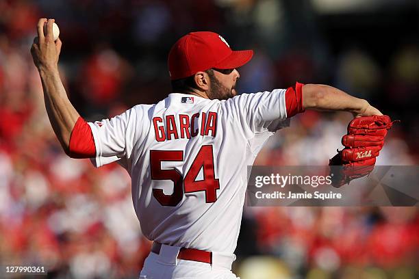 Jaime Garcia of the St. Louis Cardinals throws a pitch against the Philadelphia Phillies during Game Three of the National League Division Series at...