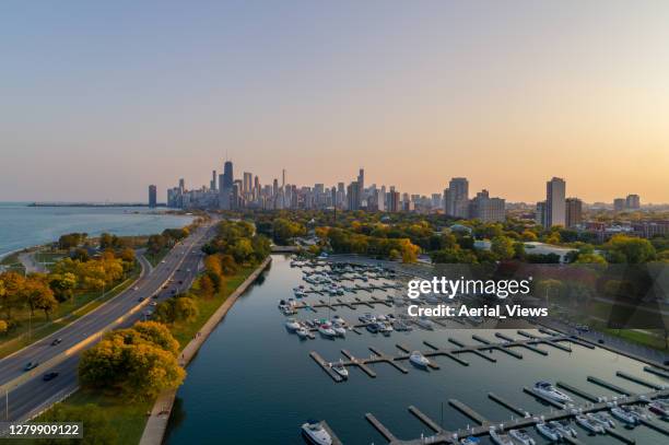 chicago skyline and lincoln park in fall - lincoln park stock pictures, royalty-free photos & images