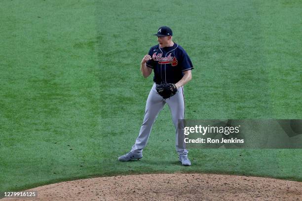 Mark Melancon of the Atlanta Braves reacts after the final out of the game against the Los Angeles Dodgers in Game One of the National League...