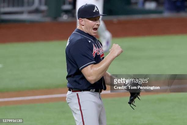 Mark Melancon of the Atlanta Braves reacts after the final out of the game against the Los Angeles Dodgers in Game One of the National League...