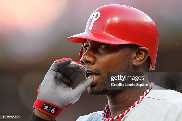Ryan Howard of the Philadelphia Phillies reacts to striking out in the fourth inning of during Game Three of the National League Division Series...