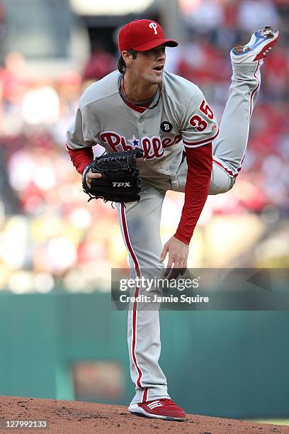Cole Hamels of the Philadelphia Phillies throws a pitch against the St. Louis Cardinals during Game Three of the National League Division Series at...
