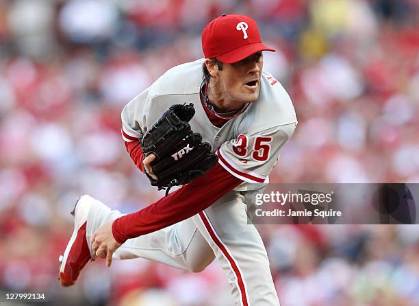 Cole Hamels of the Philadelphia Phillies throws a pitch against the St. Louis Cardinals during Game Three of the National League Division Series at...