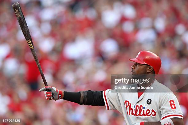 Ryan Howard of the Philadelphia Phillies takes an at-bat against the St. Louis Cardinals during Game Three of the National League Division Series at...