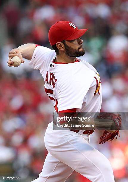 Jaime Garcia of the St. Louis Cardinals throws a pitch against the Philadelphia Phillies during Game Three of the National League Division Series at...