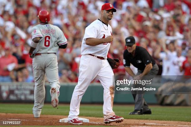 Albert Pujols of the St. Louis Cardinals reacts after the final out of the sixth inning on a ground out by Ryan Howard of the Philadelphia Phillies...