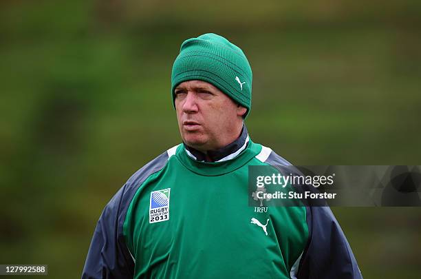 Ireland coach Declan Kidney looks on during an Ireland IRB Rugby World Cup 2011 training session at Rugby League Park on October 5, 2011 in...