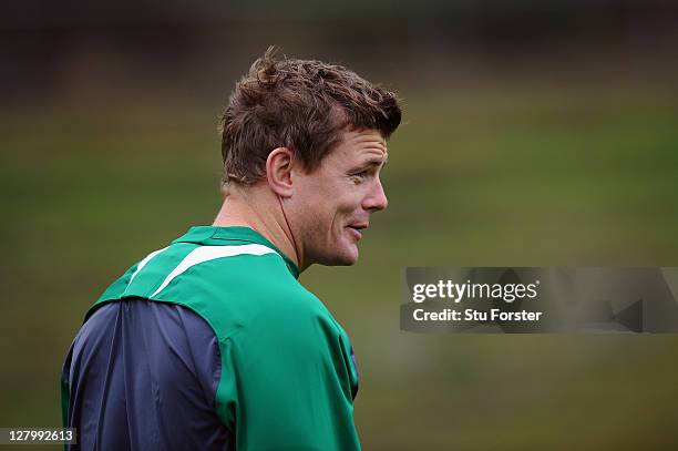 Brian O'Driscoll of Ireland looks on during an Ireland IRB Rugby World Cup 2011 training session at Rugby League Park on October 5, 2011 in...