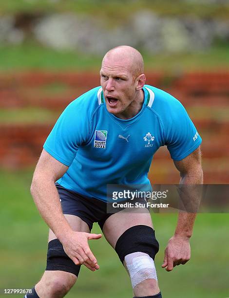 Paul O'Connell of Ireland shouts instructions during an Ireland IRB Rugby World Cup 2011 training session at Rugby League Park on October 5, 2011 in...