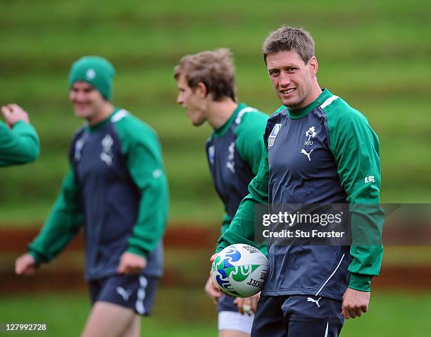 Ronan O'Gara of Ireland looks on during an Ireland IRB Rugby World Cup 2011 training session at Rugby League Park on October 5, 2011 in Wellington,...