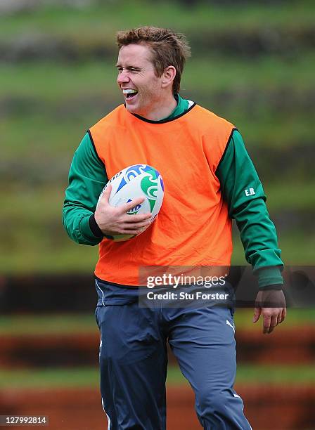 Eoin Reddan of Ireland laughs during an Ireland IRB Rugby World Cup 2011 training session at Rugby League Park on October 5, 2011 in Wellington, New...