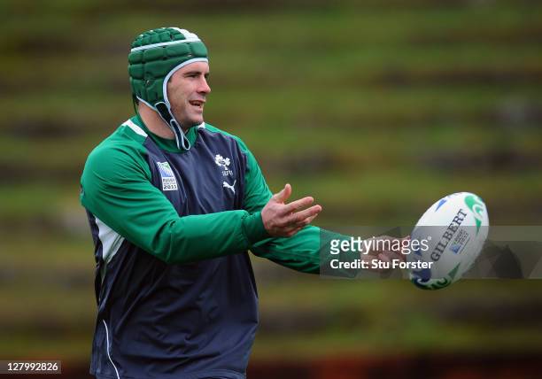 Shane Jennings of Ireland passes the ball during an Ireland IRB Rugby World Cup 2011 training session at Rugby League Park on October 5, 2011 in...
