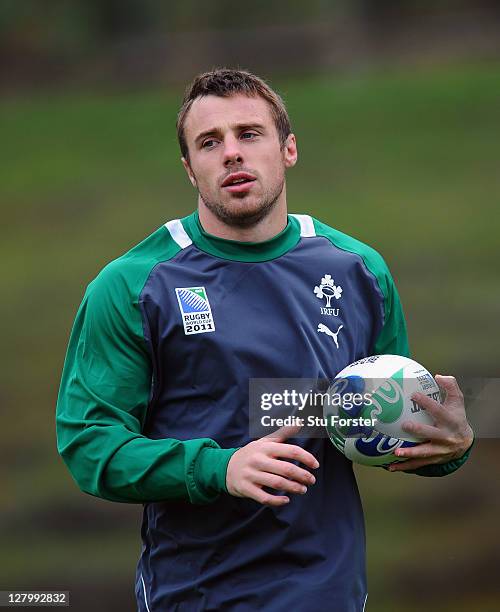 Tommy Bowe of Ireland looks on during an Ireland IRB Rugby World Cup 2011 training session at Rugby League Park on October 5, 2011 in Wellington, New...