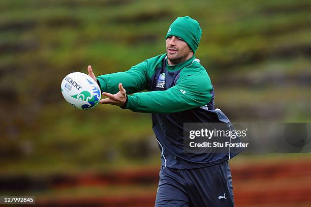 Rob Kearney of Ireland catches the ball during an Ireland IRB Rugby World Cup 2011 training session at Rugby League Park on October 5, 2011 in...