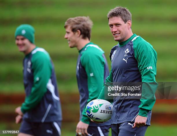 Ronan O'Gara of Ireland looks on during an Ireland IRB Rugby World Cup 2011 training session at Rugby League Park on October 5, 2011 in Wellington,...
