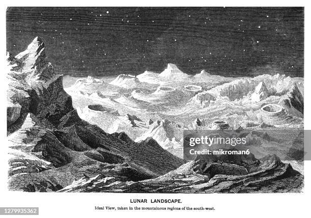 old engraved illustration of astronomy, moon's moon's mountains and craters, lunar landscape - volcanic crater stock pictures, royalty-free photos & images