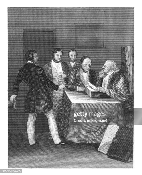 old engraved illustration of debating group of scholars - 19th century stock pictures, royalty-free photos & images