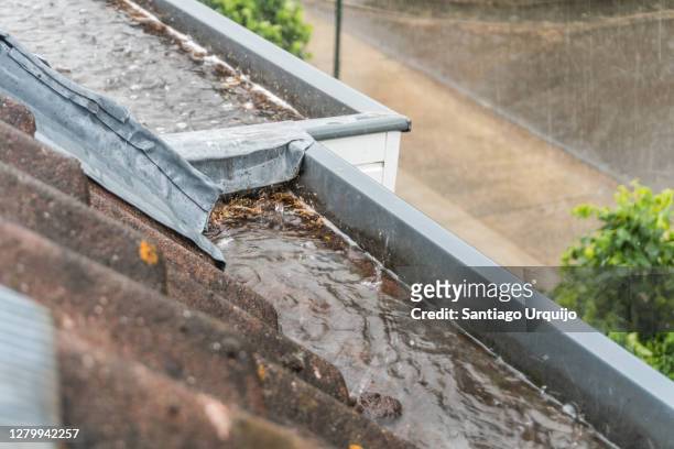 roof gutter collecting rainwater - rain gutter imagens e fotografias de stock