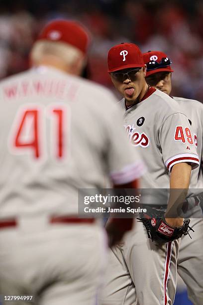 Vance Worley is pulled from the game by manager Charlie Manuel of the Philadelphia Phillies in the eighth inning of Game Three of the National League...