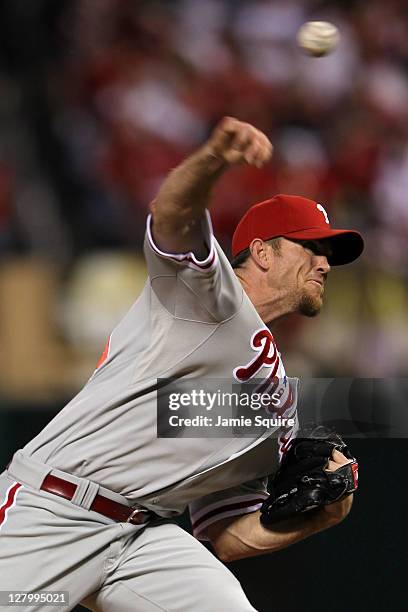 Brad Lidge of the Philadelphia Phillies throws a pitch against the St. Louis Cardinals in the eighth inning of Game Three of the National League...