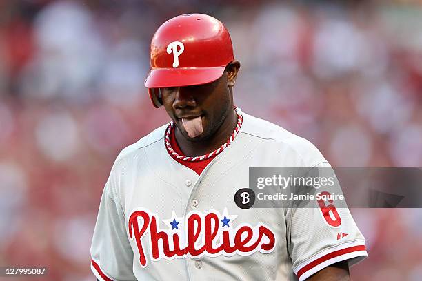 Ryan Howard of the Philadelphia Phillies reacts during Game Three of the National League Division Series against the St. Louis Cardinals at Busch...